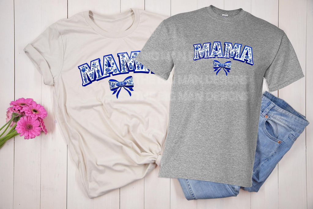 Elegant & timeless! This blue and white Chinoiserie-inspired “Mama” design features intricate floral details and a delicate coquette bow, creating a sophisticated, vintage aesthetic. Perfect for sublimation, DTF transfers, and DIY projects like t-shirts, sweatshirts, tote bags, mugs, and more! on natural and grey