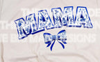 Elegant & timeless! This blue and white Chinoiserie-inspired “Mama” design features intricate floral details and a delicate coquette bow, creating a sophisticated, vintage aesthetic. Perfect for sublimation, DTF transfers, and DIY projects like t-shirts, sweatshirts, tote bags, mugs, and more! on natural close up