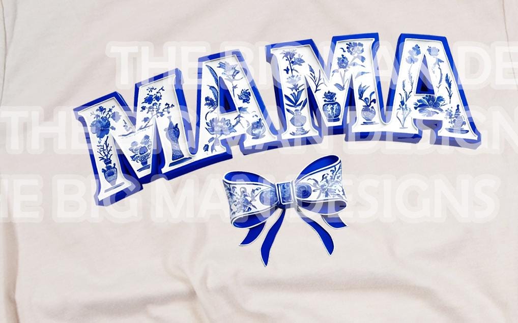 Elegant & timeless! This blue and white Chinoiserie-inspired “Mama” design features intricate floral details and a delicate coquette bow, creating a sophisticated, vintage aesthetic. Perfect for sublimation, DTF transfers, and DIY projects like t-shirts, sweatshirts, tote bags, mugs, and more! on natural close up