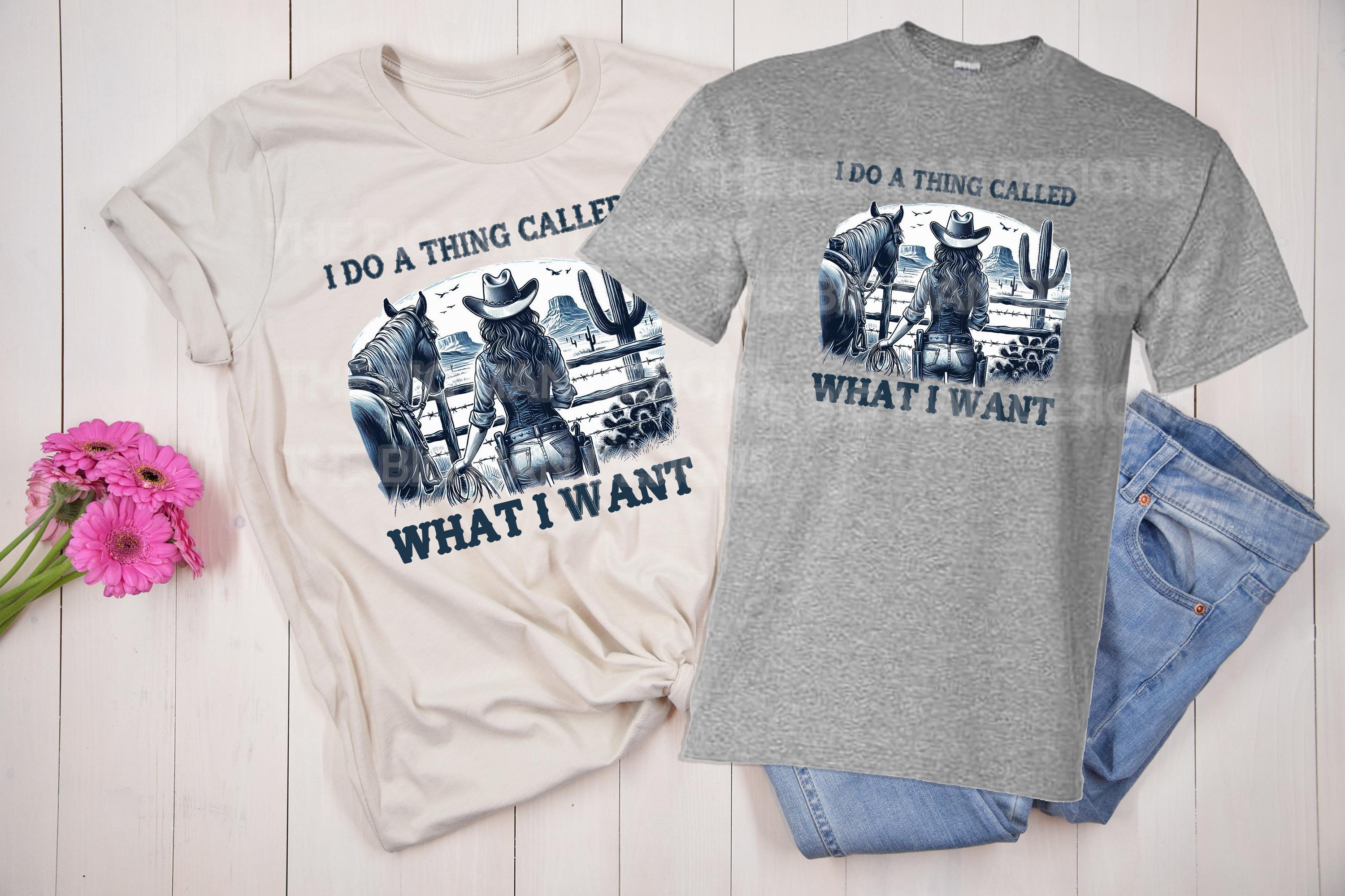 For the fearless, independent, and wild-at-heart—this "I Do a Thing Called What I Want" DTF transfer features a strong-willed cowgirl gazing off into the open wild. Perfect for adding a bold, Western touch to your t-shirts, hoodies, or tote bags. Whether you embrace the cowboy way of life or just don’t like being told what to do, this design is made for you! on natural tshirt and a grey sport tshirt