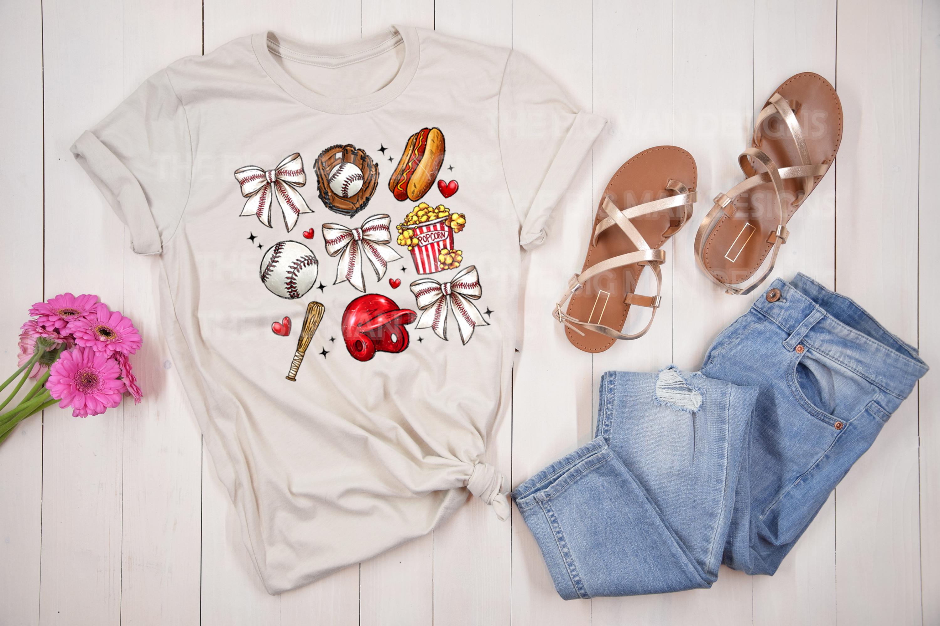 Step up your game day style with this adorable Retro Coquette Baseball DTF Transfer! Featuring a vintage-inspired 3x3 grid design with all the baseball essentials—bows, a bat, a glove, a helmet, a baseball, and must-have stadium snacks like a hot dog and popcorn—this transfer brings a trendy, playful touch to any baseball tee, sweatshirt, or onesie! Just press and go—no weeding required! on natural
