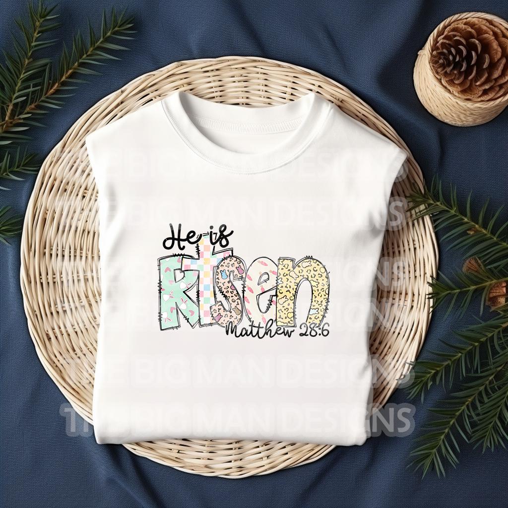 He Is Risen DTF Transfer | Pastel Brushstroke Easter Design with Bunny Ears & Matthew 28:6 Scripture | Ready-to-Press