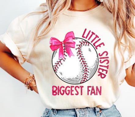 Little Sister Baseball Shirt | Pink Bow, Faux Glitter Print
