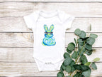 Easter Bunny Baby Onesie with blue Hand Painted Brushstroke Design available in blue and pink