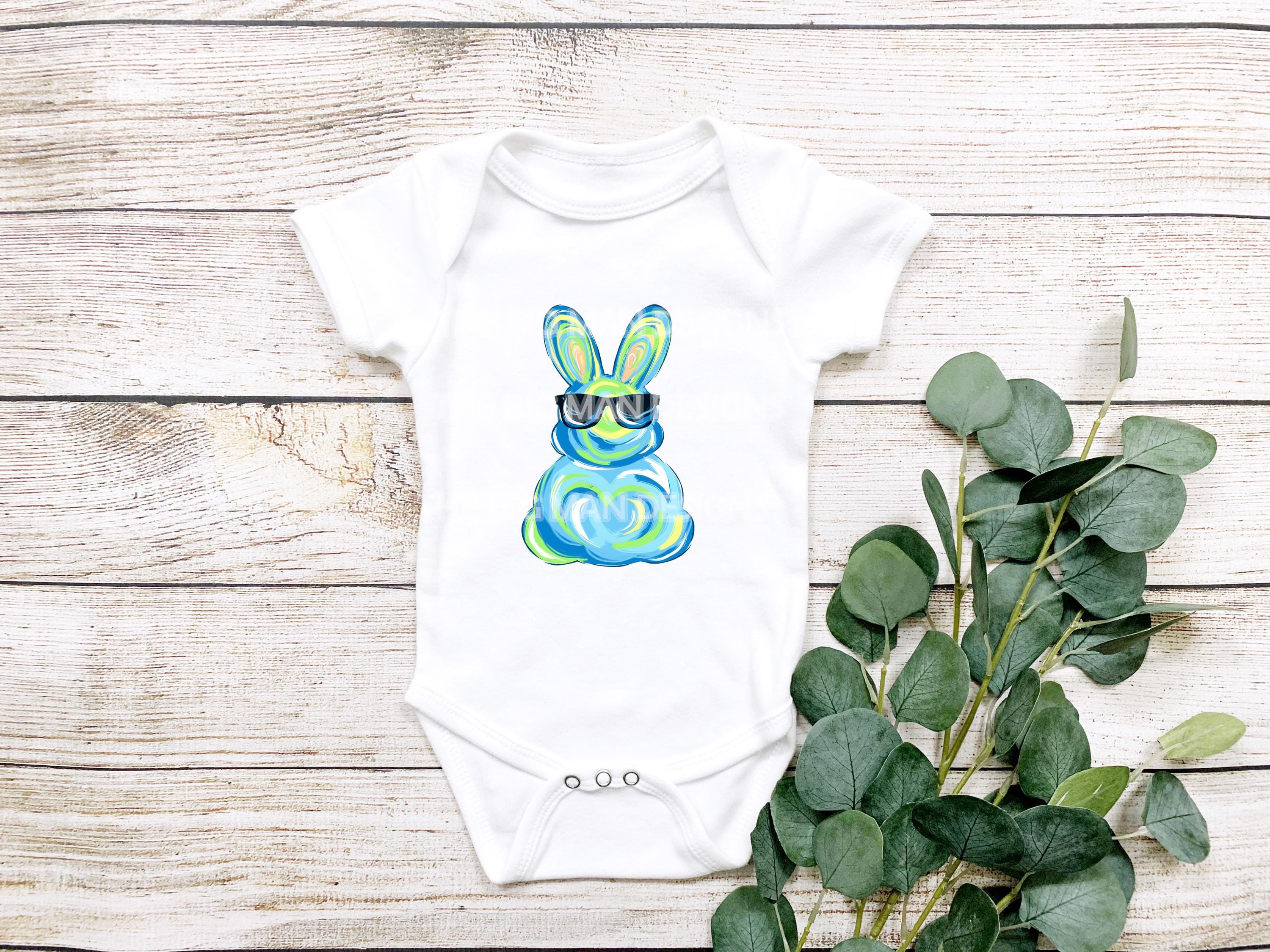 Easter Bunny Baby Onesie with blue Hand Painted Brushstroke Design available in blue and pink