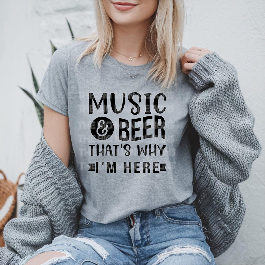 Music and Beer that's why I am here. We offer this as a dye sublimation on grey or DTF on all other colors. The Big Man Designs; available in a sweatshirt or tshirt