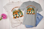 Happy Fall Y'all vibrant Gnomes with pumpkins and sunflowers; shirt is 100% cotton with a DTF design so it will be soft and durable. Great autumn  shirt or a fall gift. Great for going the pumpkin patch or wearing for Thanksgiving. Available in natural and sports grey.