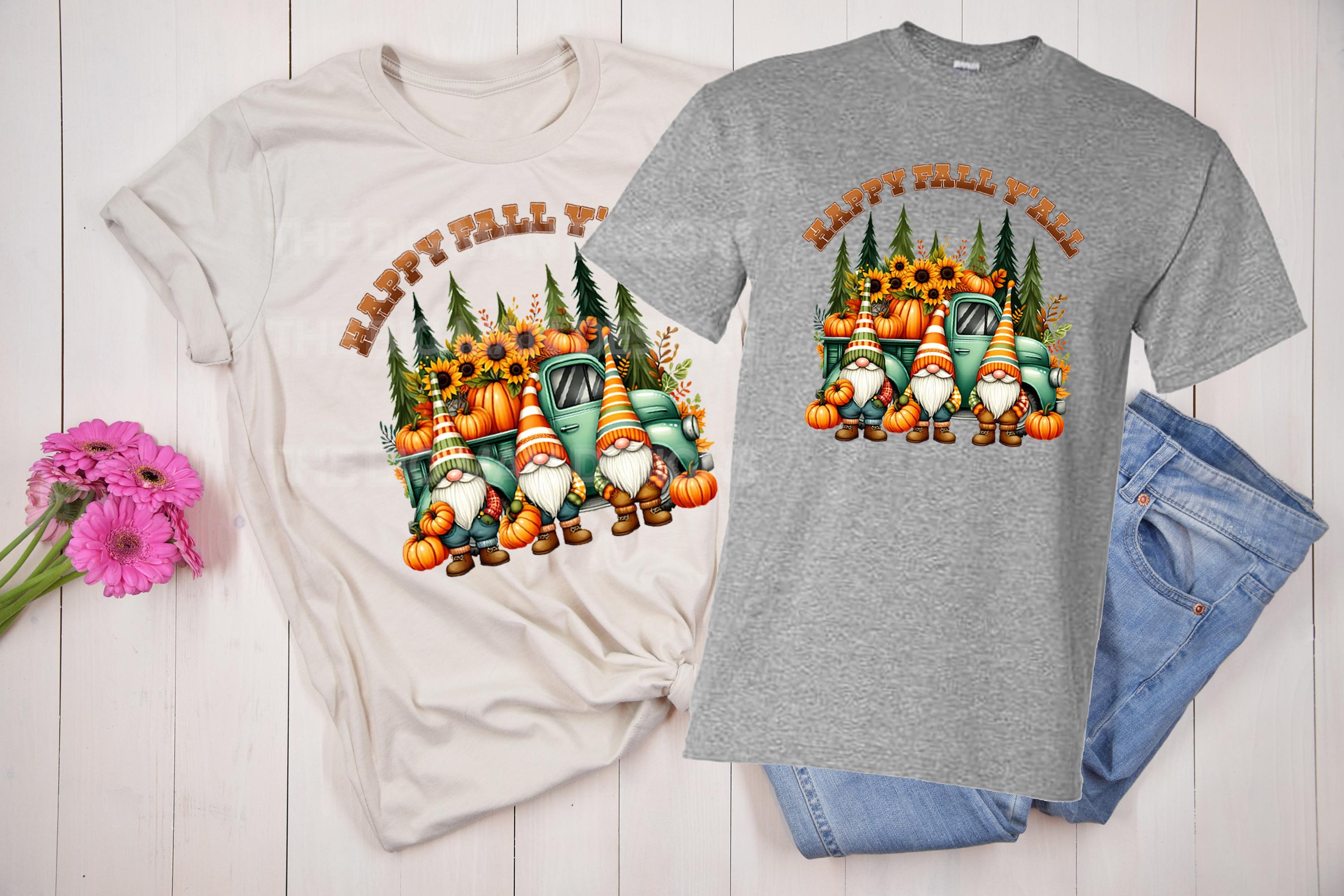 Happy Fall Y'all vibrant Gnomes with pumpkins and sunflowers; shirt is 100% cotton with a DTF design so it will be soft and durable. Great autumn  shirt or a fall gift. Great for going the pumpkin patch or wearing for Thanksgiving. Available in natural and sports grey.