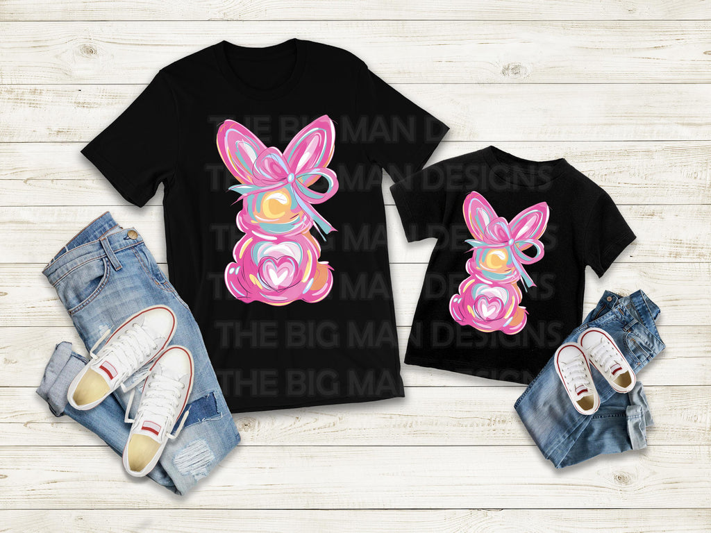Brushstroke Easter Bunny Coquette Bow DTF Transfer | Ready-to-Press Easter Shirt Print | Pastel Bunny Bow Design. Get ready for Easter in style with this adorable brushstroke bunny DTF transfer featuring a chic coquette bow! This soft pastel design blends trendy brushstroke art with a vintage-inspired feminine touch, making it the perfect choice for Easter outfits, and stylish t-shirts. This ready-to-press Direct to Film (DTF) transfer makes it easy to create your own cute and festive tee!