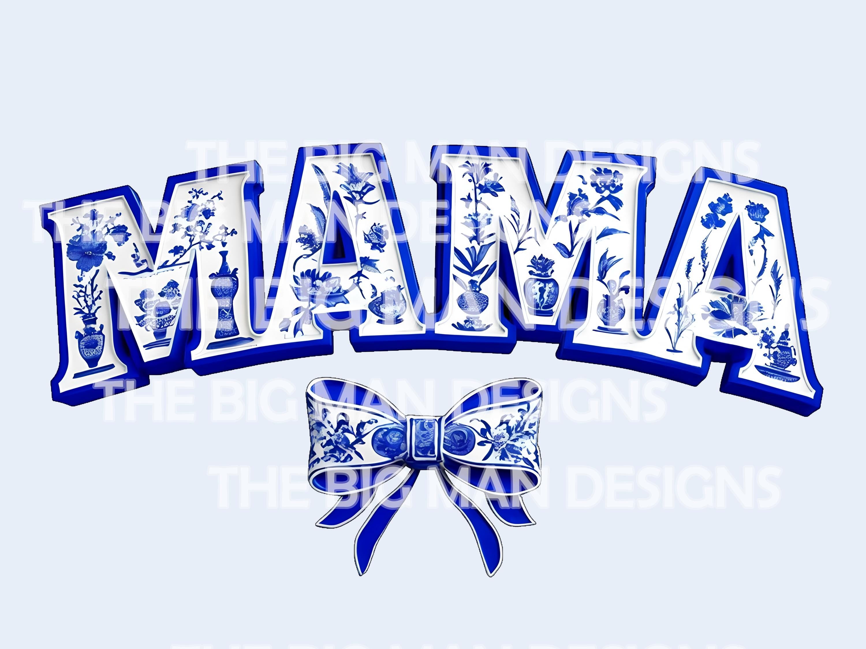 Elegant & timeless! This blue and white Chinoiserie-inspired “Mama” design features intricate floral details and a delicate coquette bow, creating a sophisticated, vintage aesthetic. Perfect for sublimation, DTF transfers, and DIY projects like t-shirts, sweatshirts, tote bags, mugs, and more!