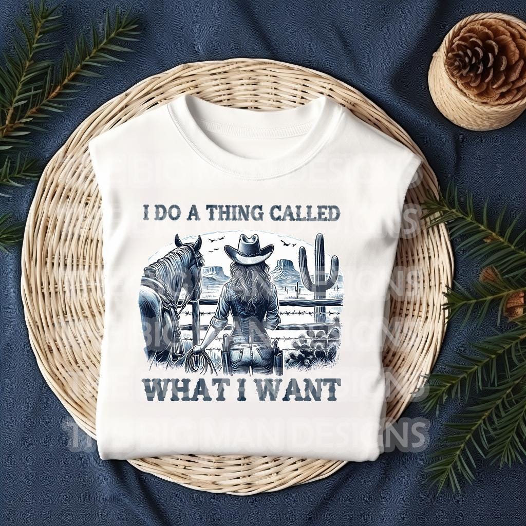 For the fearless, independent, and wild-at-heart—this "I Do a Thing Called What I Want" DTF transfer features a strong-willed cowgirl gazing off into the open wild. Perfect for adding a bold, Western touch to your t-shirts, hoodies, or tote bags. Whether you embrace the cowboy way of life or just don’t like being told what to do, this design is made for you! on white- close up