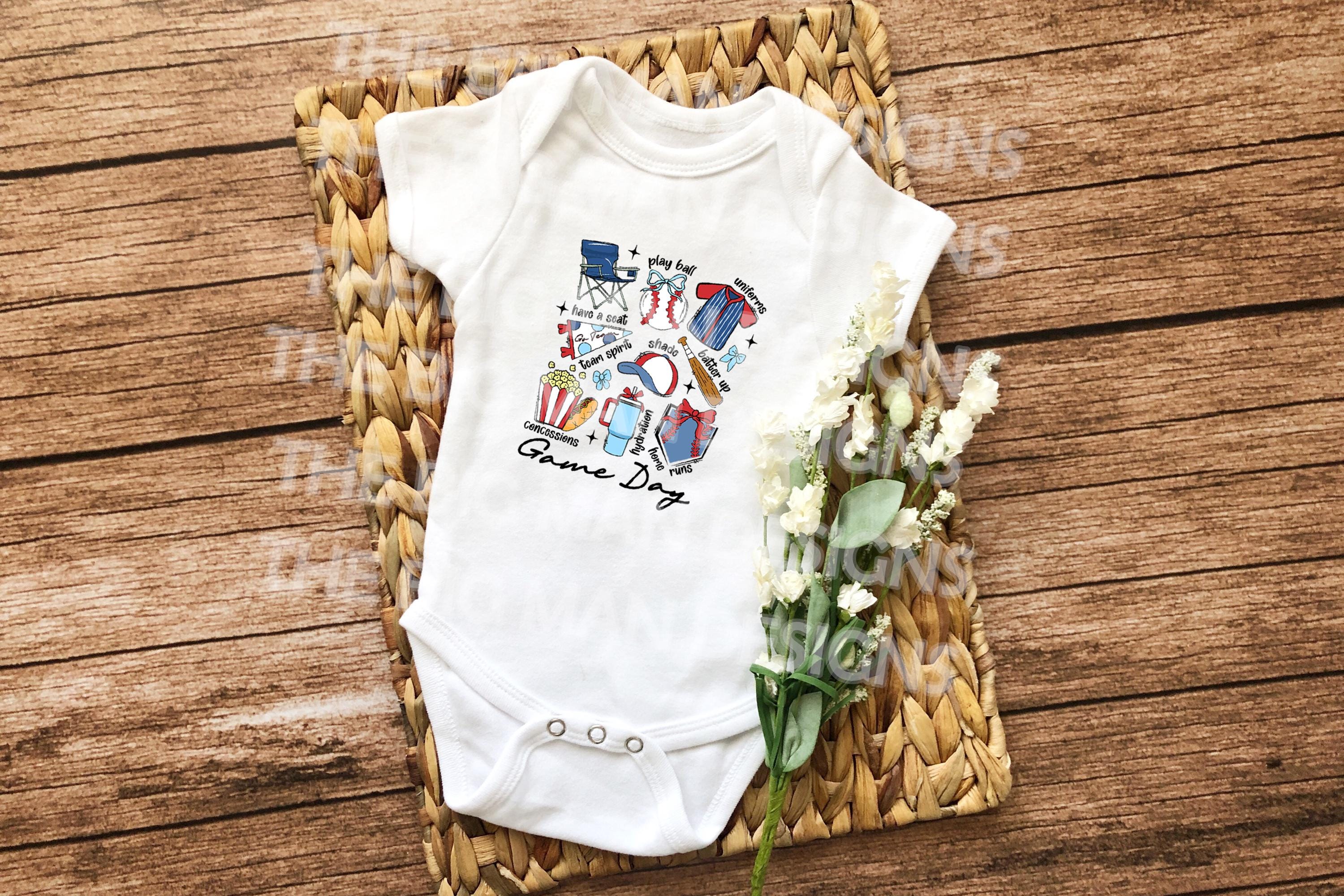 Step up your game day look with this Retro Baseball Game Day DTF Transfer! Featuring a vintage-inspired design, this transfer is perfect for creating trendy baseball shirts, sweatshirts, and more. Just press and go—no weeding required! on a onesie