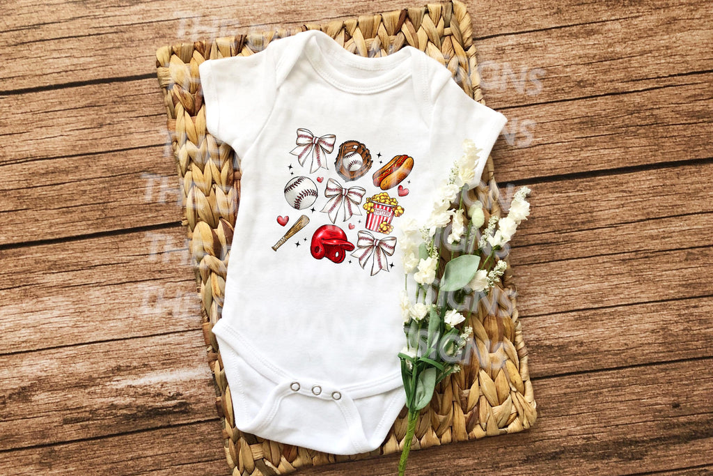 Step up your game day style with this adorable Retro Coquette Baseball DTF Transfer! Featuring a vintage-inspired 3x3 grid design with all the baseball essentials—bows, a bat, a glove, a helmet, a baseball, and must-have stadium snacks like a hot dog and popcorn—this transfer brings a trendy, playful touch to any baseball tee, sweatshirt, or onesie! Just press and go—no weeding required! on onesie