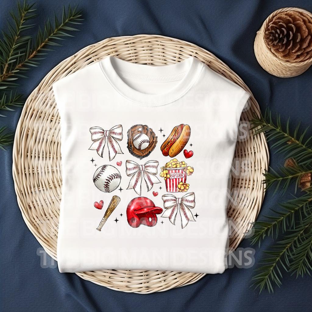 Step up your little one’s game day style with this Retro Coquette Baseball Onesie or Toddler T-Shirt! This adorable vintage-inspired 3x3 grid design features all the baseball essentials—coquette bows, a bat, a glove, a helmet, a baseball, and must-have stadium snacks like a hot dog and popcorn. Perfect for tiny baseball fans, this outfit is great for game days, photoshoots, or just showing off their sporty spirit! close up