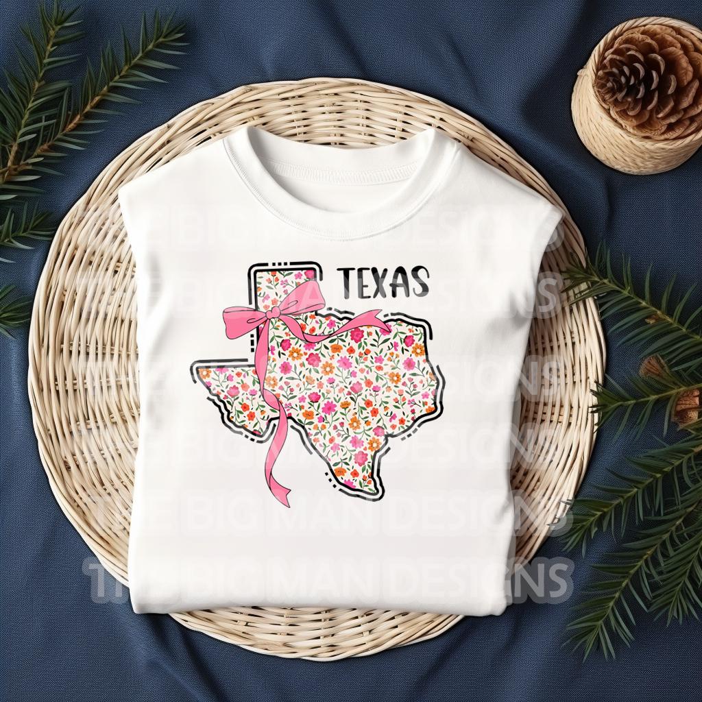Show off your Texas pride with a feminine, coquette twist! This State Floral Coquette Texas DTF transfer features a beautifully hand-drawn Texas silhouette, adorned with delicate floral details and a soft, vintage-inspired aesthetic. Whether you're a proud Texan, a country girl at heart, or just love Southern charm, this design is perfect for rodeo season, boutique apparel, and everyday wear!