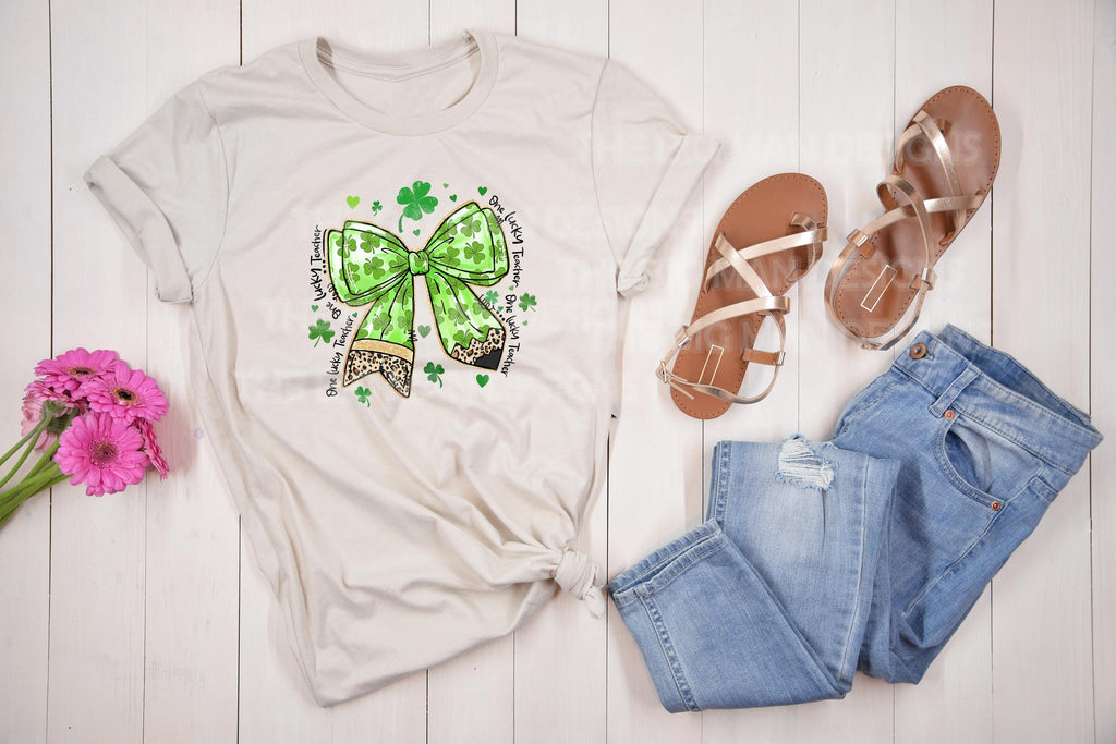 Lucky Teacher Shamrock Bow DTF Transfer | St. Patrick's Day, Ready-to-Press