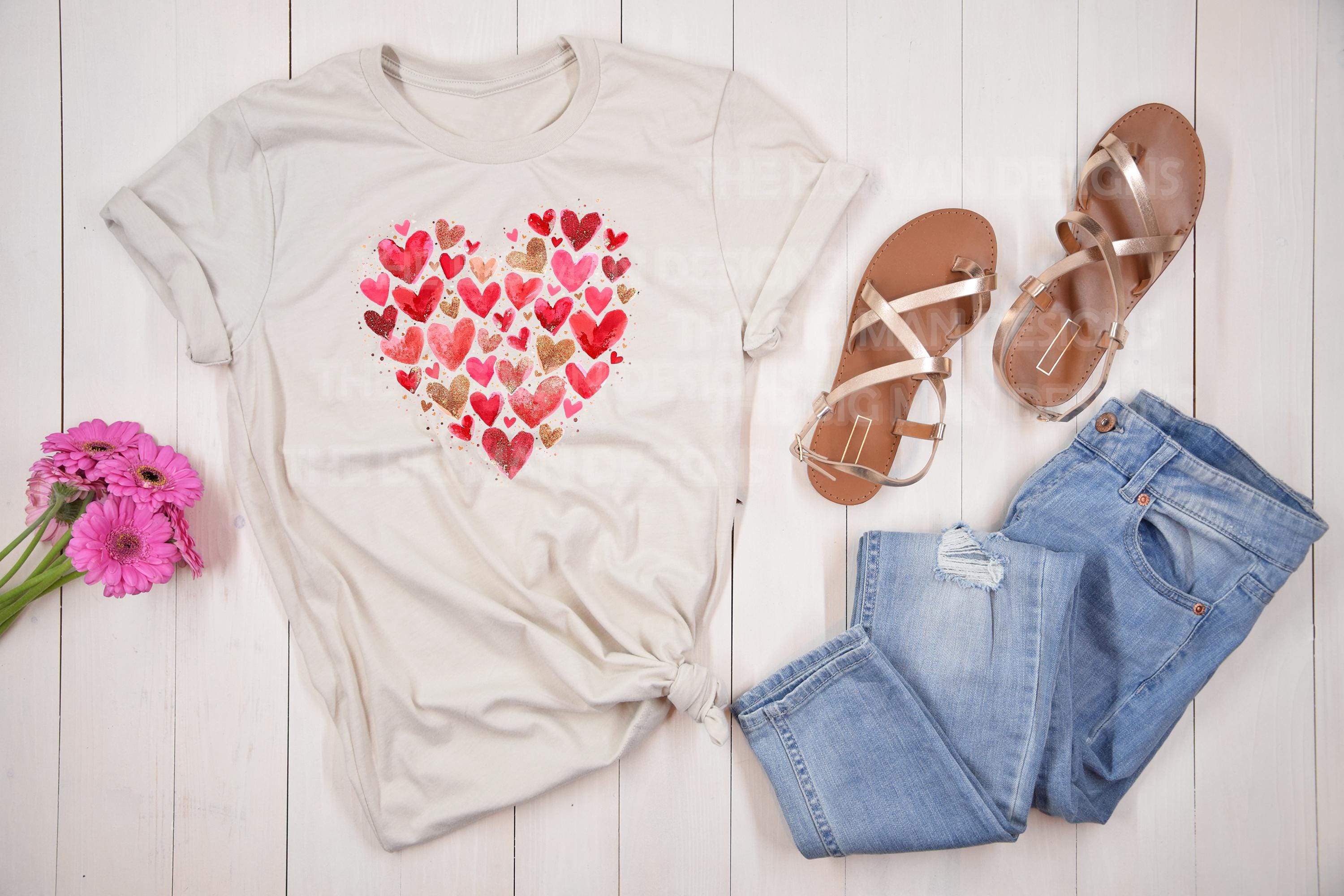 Watercolor Valentine’s Day Heart DTF Transfer | Romantic Red & Gold Hearts Design | Ready-to-Press