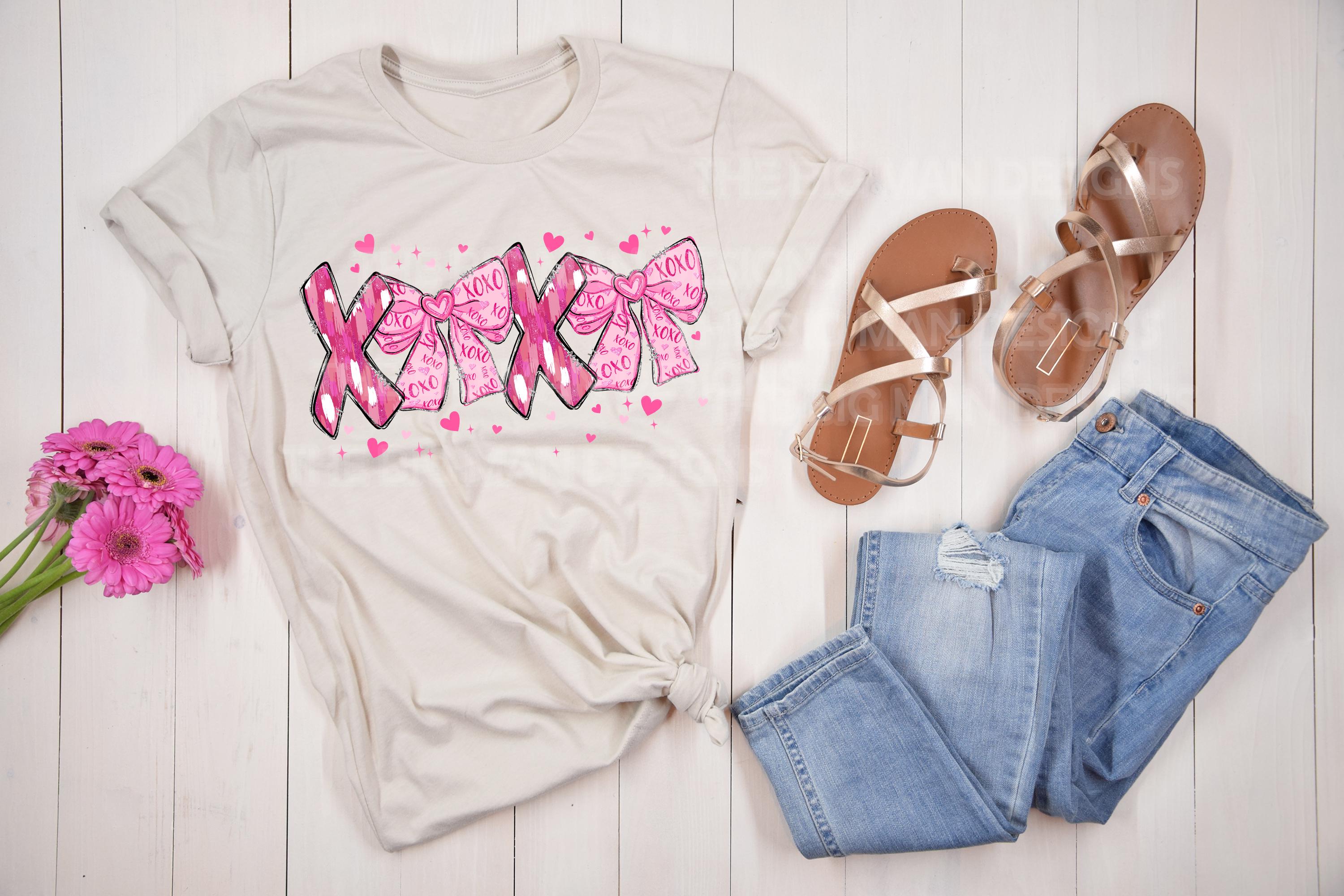 XOXO Coquette Pink Bow DTF Transfer | Romantic Valentine’s Day Print with Hearts | Ready-to-Press