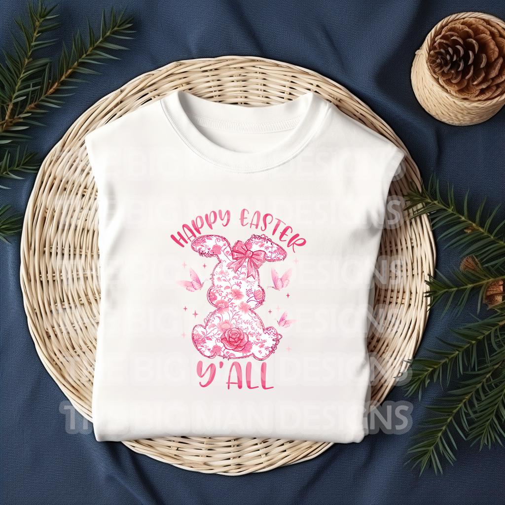 Floral Pink Toile Chinoiserie "Happy Easter Y’all" DTF Transfer | Vintage Southern Easter Transfer | Ready-to-Press