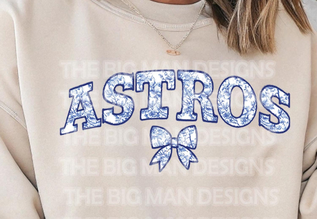 ASTROS Faux Embroidery Appliqué with Toile Design DTF Transfer

Give your shirts a vintage-meets-trendy vibe with this ASTROS Faux Embroidery Appliqué DTF Transfer featuring a toile fabric-inspired design! This high-quality direct-to-film (DTF) transfer mimics the look of embroidered appliqué with a faux quilted baseball and a delicate coquette bow, all in classic Astros blues, oranges, and whites. closeup
