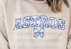ASTROS Faux Embroidery Appliqué with Toile Design DTF Transfer

Give your shirts a vintage-meets-trendy vibe with this ASTROS Faux Embroidery Appliqué DTF Transfer featuring a toile fabric-inspired design! This high-quality direct-to-film (DTF) transfer mimics the look of embroidered appliqué with a faux quilted baseball and a delicate coquette bow, all in classic Astros blues, oranges, and whites. closeup