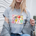 Woman wearing grey t-shirt with colorful school-themed "Teach Love Inspire" graphic.