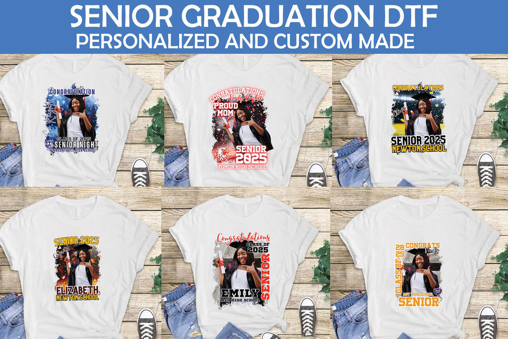 Custom Senior Graduation DTF Transfers featuring personalized photo designs in red, blue, yellow, black, and orange school colors with "Senior 2025" and "Congratulations" text for DIY graduation shirts.