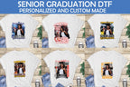 Custom Senior Graduation DTF Transfers featuring personalized photo designs in red, blue, yellow, black, and orange school colors with "Senior 2025" and "Congratulations" text for DIY graduation shirts.