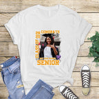 Custom Senior Graduation DTF Transfers featuring personalized photo designs in red, blue, yellow, black, and orange school colors with "Senior 2025" and "Congratulations" text for DIY graduation shirts.