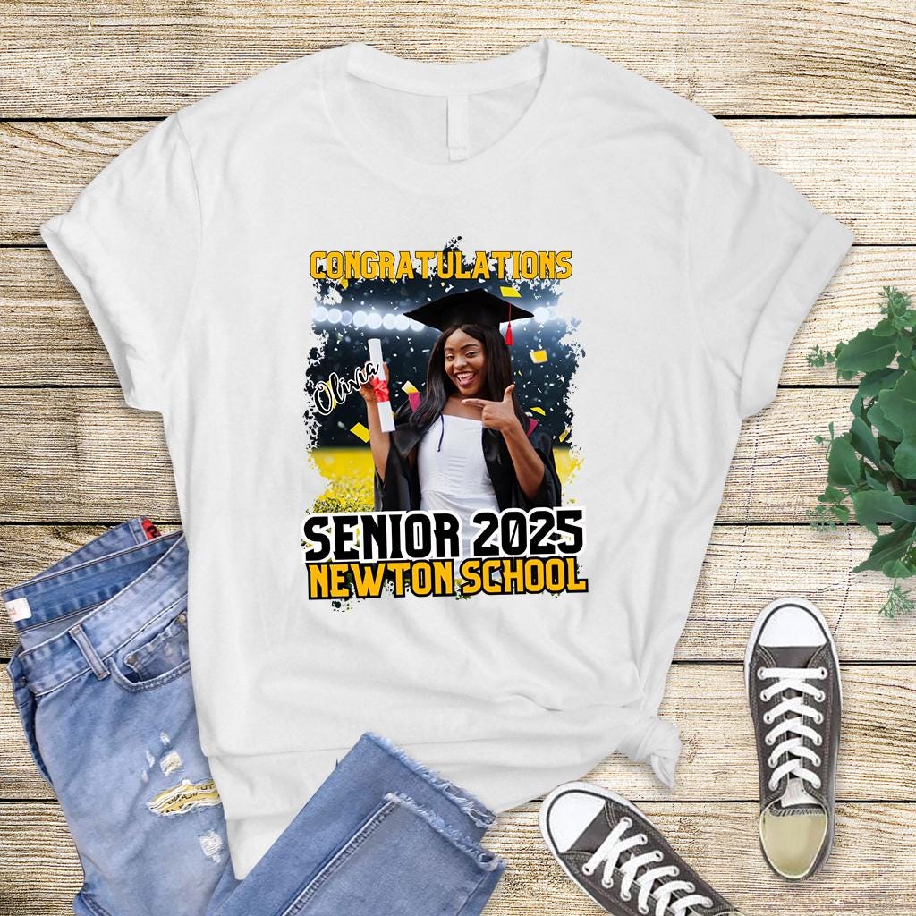 Custom Senior Graduation DTF Transfers featuring personalized photo designs in red, blue, yellow, black, and orange school colors with "Senior 2025" and "Congratulations" text for DIY graduation shirts.