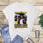 Custom Senior Graduation DTF Transfers featuring personalized photo designs in red, blue, yellow, black, and orange school colors with "Senior 2025" and "Congratulations" text for DIY graduation shirts.