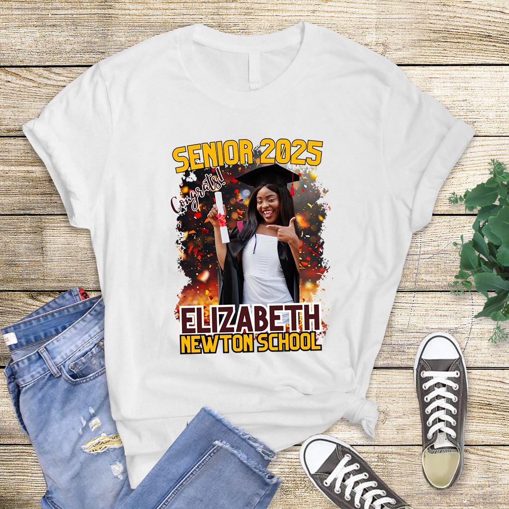 Custom Senior Graduation DTF Transfers featuring personalized photo designs in red, blue, yellow, black, and orange school colors with "Senior 2025" and "Congratulations" text for DIY graduation shirts.