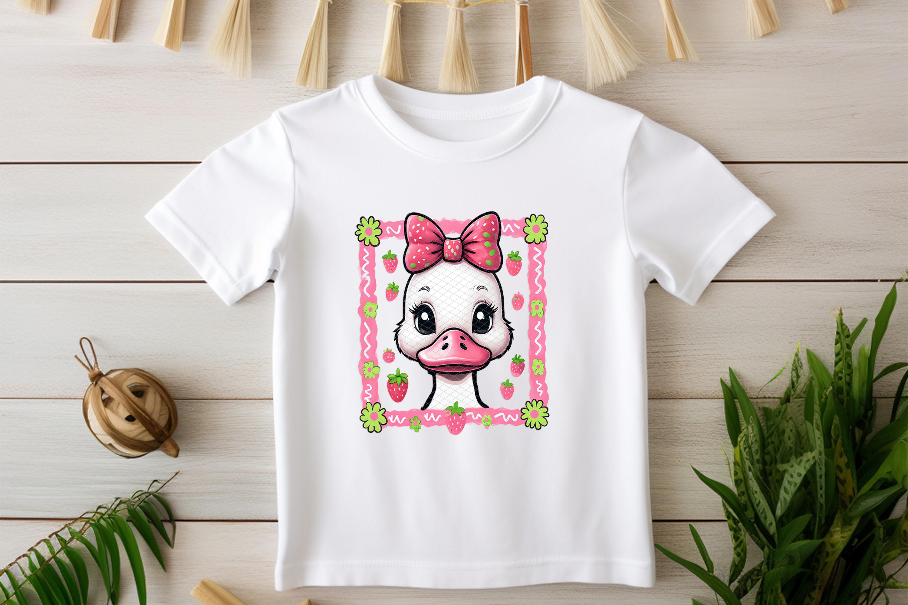 Toddler T-shirt with pink bow duck design styled with plants and rustic decor.