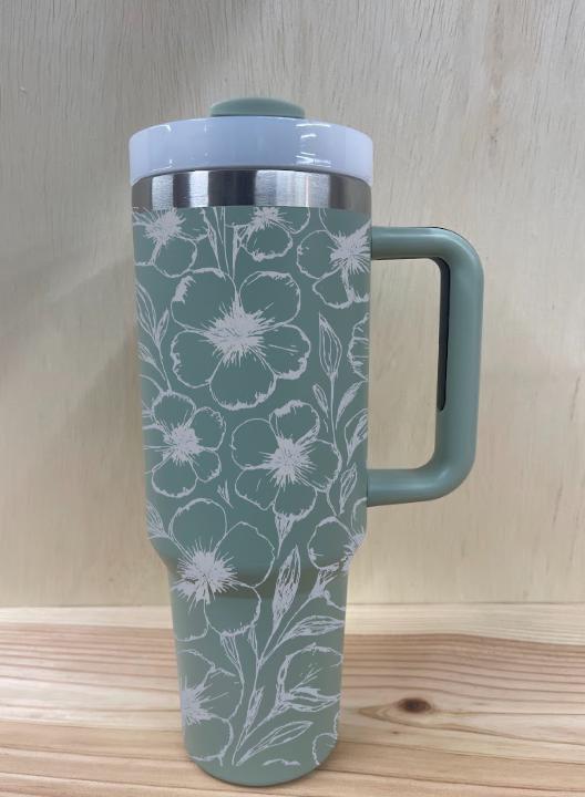 Back view of floral botanical tumbler design without text