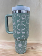 Sage green floral MOM tumbler with custom engraved names vertically