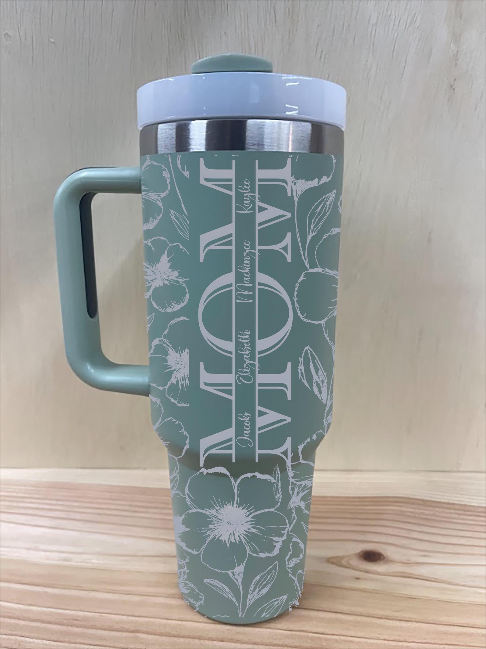 Sage green floral MOM tumbler with custom engraved names vertically