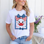 Blonde woman wearing goose shirt for 4th of July