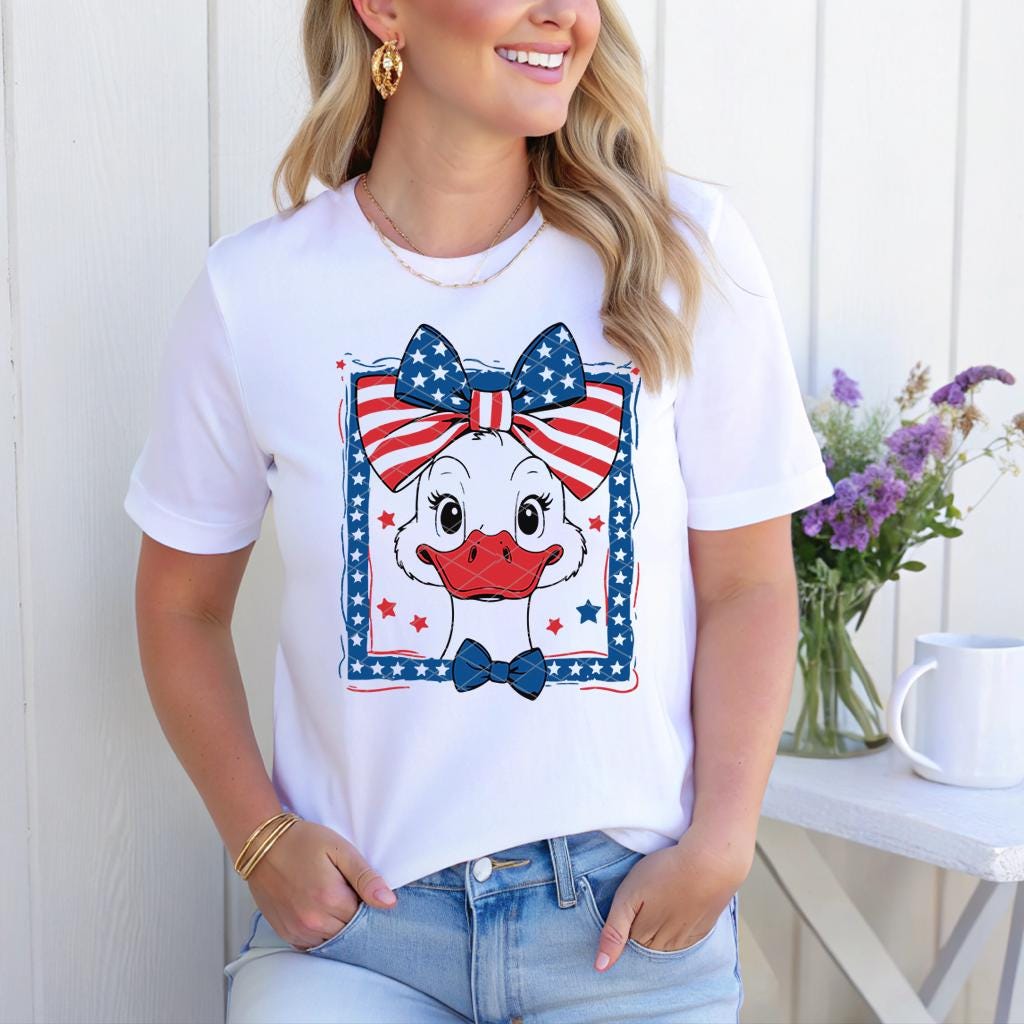Blonde woman wearing goose shirt for 4th of July