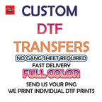 🎨 Have a design ready and need it printed? Let us take care of it!
Our Custom DTF Transfer Printing Service makes it EASY to bring your designs to life. Just upload your high-quality PNG file and we’ll print your custom DTF transfer — no gang sheet required — and ship it ready for you to press!