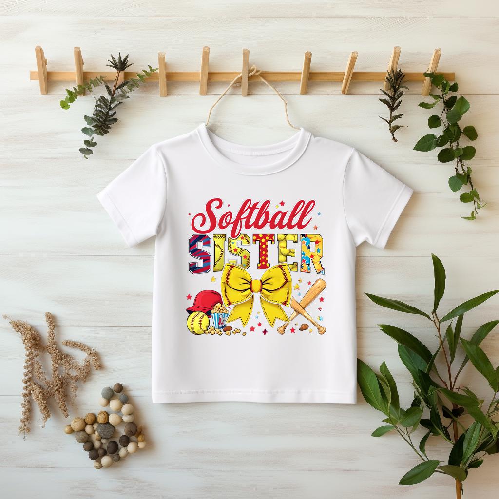 Softball Sister Baby Onesie & Toddler T-Shirt | Cute Softball Fan Outfit | Sports Sister Gift | Baseball Family | Game Day Apparel
Celebrate the littlest softball fan in your family with this adorable "Softball Sister" baby onesie and toddler t-shirt! Perfect for cheering on siblings during games or simply showing off family pride. Featuring vibrant colors, a cheerful softball-themed design with a large yellow bow, bat, helmet, and fun softball graphics, this outfit is sure to be a hom