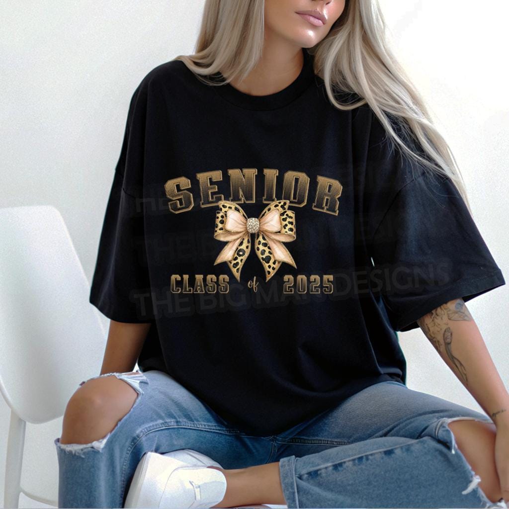Make a stylish senior statement with this Senior Class of 2025 Leopard Bow DTF Transfer! Featuring a glam varsity font and trendy animal print bow, this ready-to-press transfer is perfect for t-shirts, sweatshirts, and graduation gifts for the girly grad.