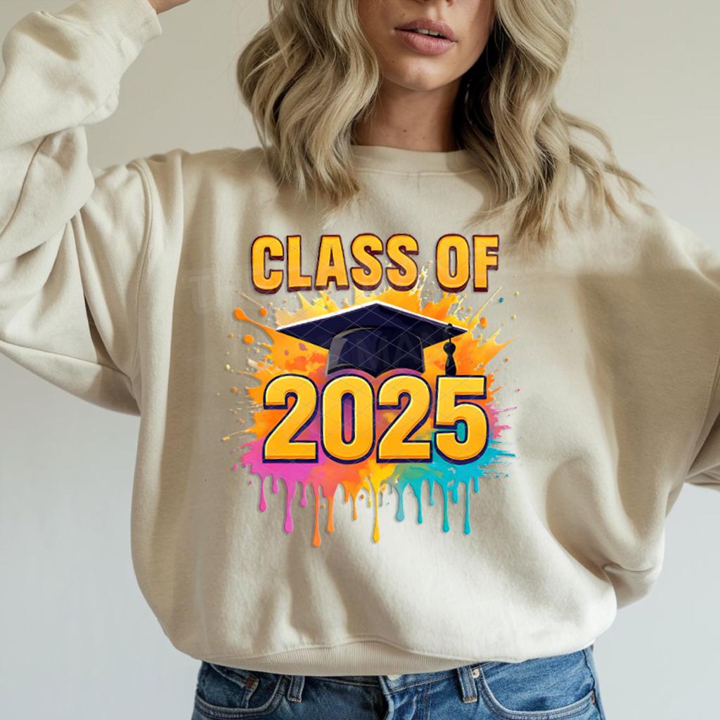 Add some color to your Class of 2025 celebration with this Paint Splash Graduation DTF Transfer! Featuring bold lettering, a graduation cap, and dripping neon paint splashes, this design is perfect for standout senior shirts.