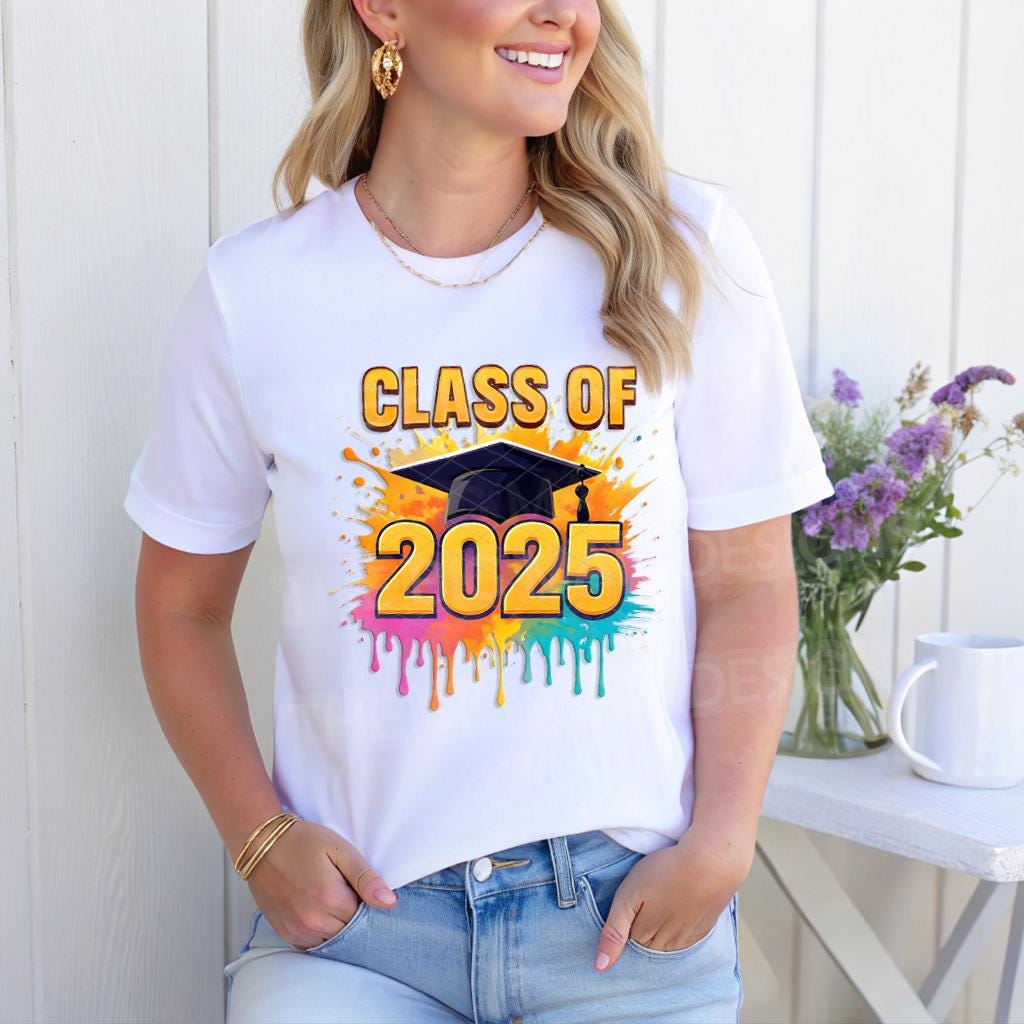 Add some color to your Class of 2025 celebration with this Paint Splash Graduation DTF Transfer! Featuring bold lettering, a graduation cap, and dripping neon paint splashes, this design is perfect for standout senior shirts.