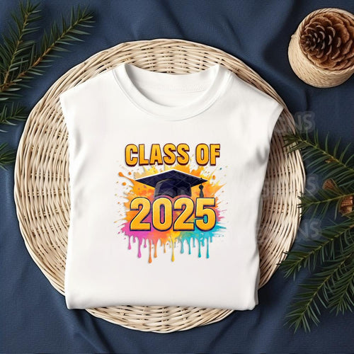 Add some color to your Class of 2025 celebration with this Paint Splash Graduation DTF Transfer! Featuring bold lettering, a graduation cap, and dripping neon paint splashes, this design is perfect for standout senior shirts.