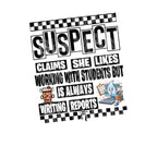 "Graphic design for a funny education shirt featuring the phrase 'Suspect Claims She Likes Working With Students But Is Always Writing Reports' in bold black text with a coffee cup and computer cartoon accents, isolated on a white background."