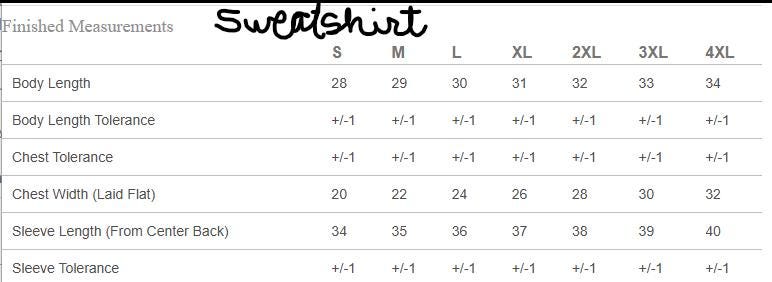 "Size chart for sweatshirts detailing body length, chest width, and sleeve length measurements for sizes Small to 4XL."
