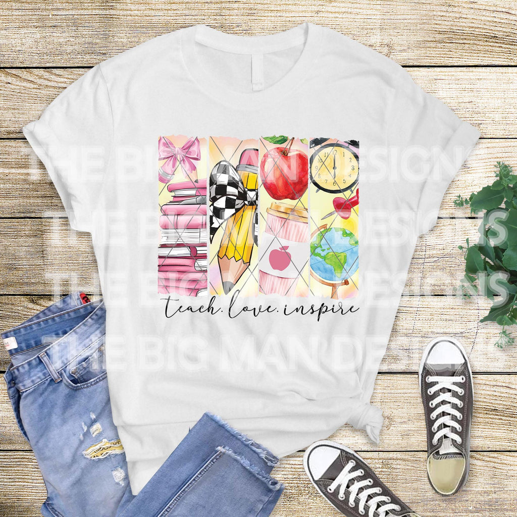 Flat lay of white t-shirt with colorful "Teach Love Inspire" design, styled with jeans and sneakers.