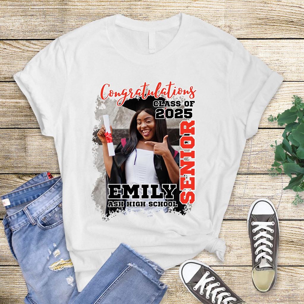 Custom Senior Graduation DTF Transfers featuring personalized photo designs in red, blue, yellow, black, and orange school colors with "Senior 2025" and "Congratulations" text for DIY graduation shirts.
