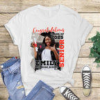 Custom Senior Graduation DTF Transfers featuring personalized photo designs in red, blue, yellow, black, and orange school colors with "Senior 2025" and "Congratulations" text for DIY graduation shirts.