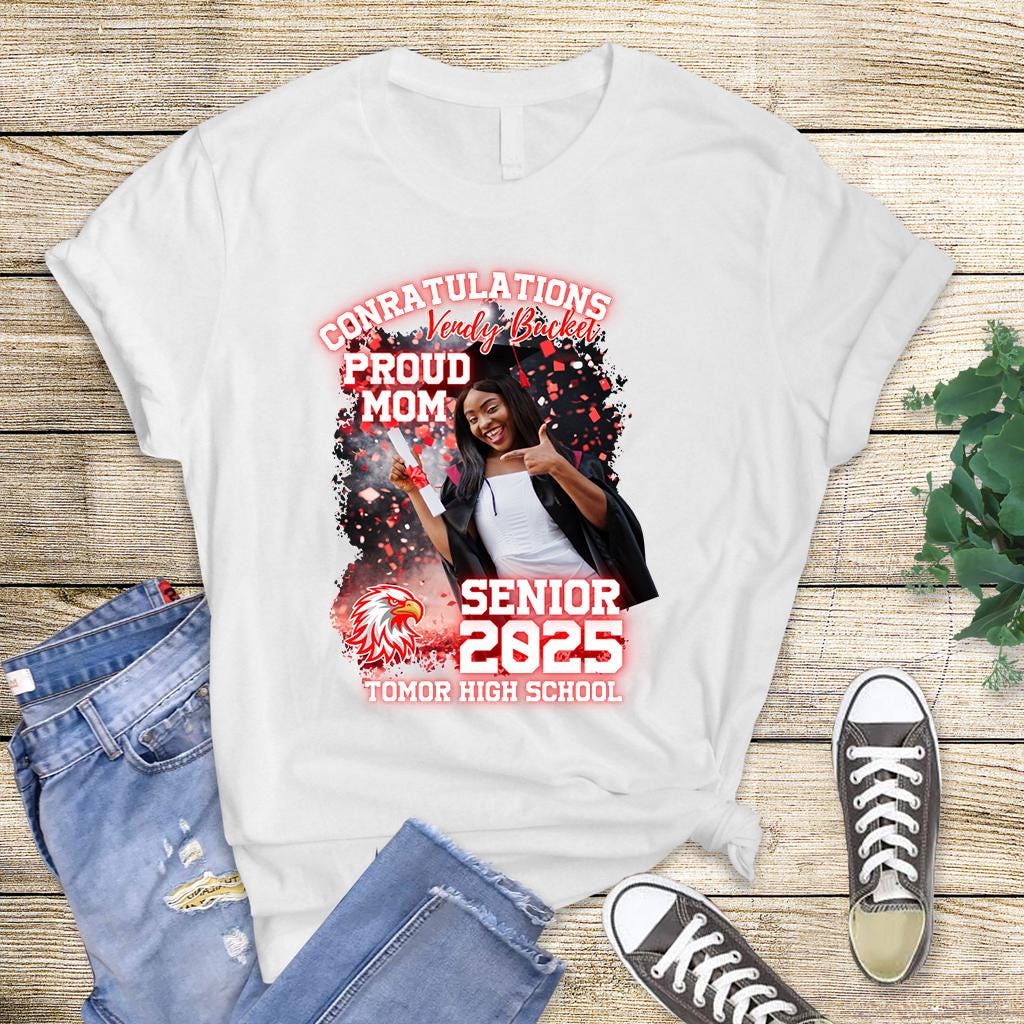 Custom Senior Graduation DTF Transfers featuring personalized photo designs in red, blue, yellow, black, and orange school colors with "Senior 2025" and "Congratulations" text for DIY graduation shirts.